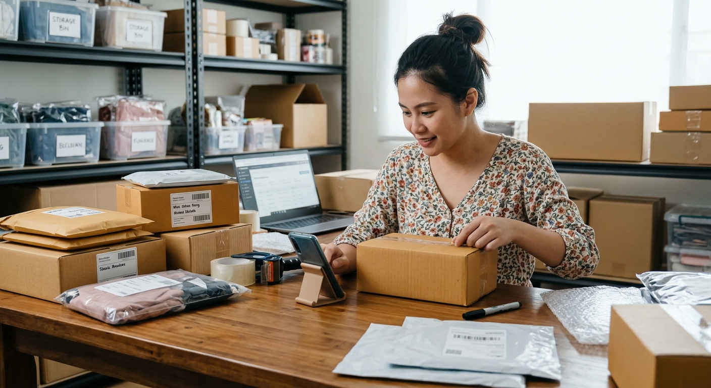 Filipino online seller packing orders while managing an online store.