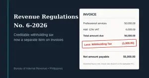 Sample invoice showing a Less: Withholding Tax line, illustrating BIR Revenue Regulations No. 6-2026