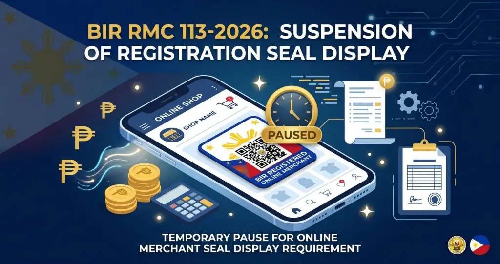 BIR Registration Seal Badge on an online shop page, with display requirement suspended under RMC 113-2026
