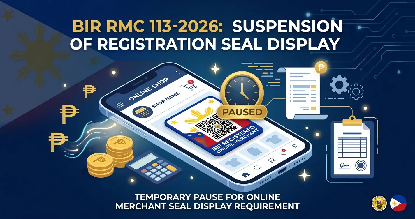 BIR Registration Seal Badge on an online shop page, with display requirement suspended under RMC 113-2026